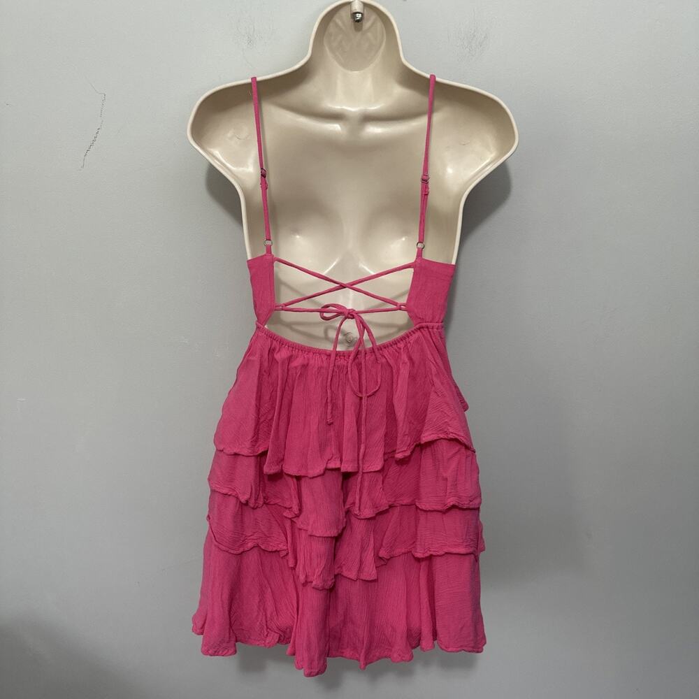 Hollister Mini Dress Womens XS Hot Pink Strappy Tiered Ruffle Babydoll Coquette - Picture 4 of 9